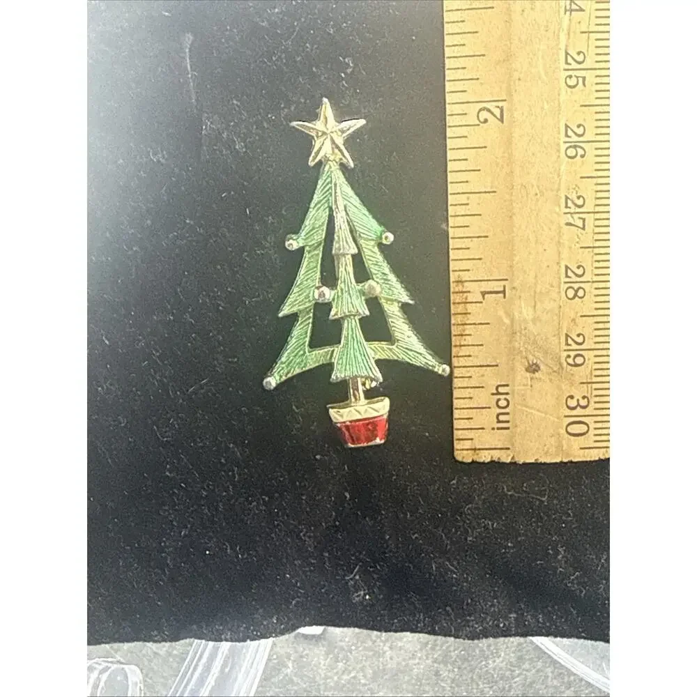 Vintage Signed BJ Beatrix Christmas Tree Brooch Pin Green Enamel Gold Tone 1960s
